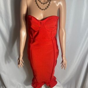 PrettyLittleThing Red Bandage Strapless Bustier Midi Dress Size US 8 NWT